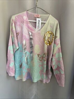 Marisima Pastel V-Neck Sweater with Metallic Accents one size NWT